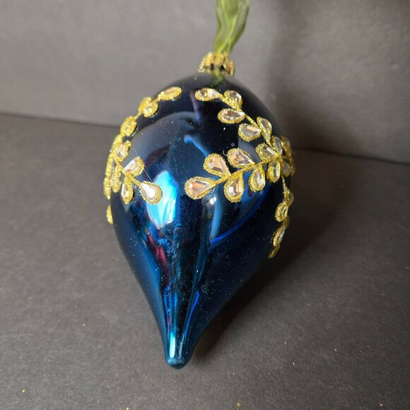 Frontgate Blue Gold Teardrop Glass Ornament 5 Inch Hand Decorated Holiday Decor - Picture 4 of 6